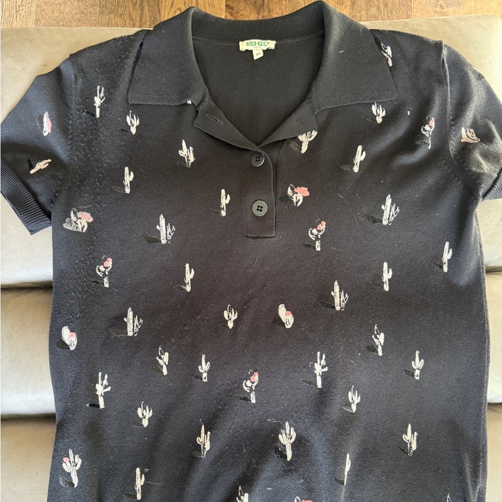 Kenzo Black Polo knit black with cute cactus pattern.